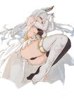  animal_ears ass bare_shoulders breasts elbow_gloves erune foodtoyc gloves granblue_fantasy highres korwa large_breasts legs long_legs lying no_shoes panties sideboob silver_hair solo thighhighs thighs underwear white_background white_legwear 