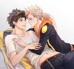  2boys blonde_hair blush gloves lying male_focus multiple_boys pokemon pokemon_(game) pokemon_go smile spark_(pokemon) tagme 