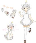  ahoge angry apron brown_eyes brown_footwear bun_cover double_bun drill_(popsiclette) fetal_position gen_7_pokemon leg_up looking_at_viewer mary_janes multiple_views open_mouth personification pokemon puffy_cheeks rolling shoes silver_hair standing standing_on_one_leg thighhighs togedemaru white_legwear wrist_cuffs 