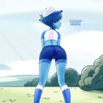  alien blue_eyes blue_hair blue_skin butt cartoon_network clothed clothing gem_(species) hair hat lapis_lazuli_(steven_universe) looking_at_viewer presenting presenting_hindquarters slackerburst steven_universe 