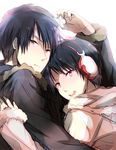  black_hair durarara!! happy headphones hug jacket kuroemon male_focus orihara_izaya pink_eyes short_hair 