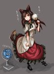 animal_ears black_footwear boots breasts brooch brown_eyes brown_hair dress electric_fan eyes_visible_through_hair fan frilled_dress frilled_sleeves frills full_body grey_background hips hot imaizumi_kagerou inatsuki_shunsuke jewelry long_hair looking_at_viewer medium_breasts open_mouth red_dress short_sleeves simple_background smile solo standing sweat tail touhou translated white_dress wide_sleeves wolf_ears wolf_tail 