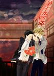  b_prince black_hair blonde_hair couple flower hug pants ponytail saaya_(sugisan1119) short_hair smile suit sunset tie yaoi 