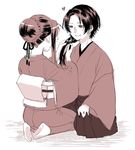  1boy 1girl androgynous beauty_mark blush closed_mouth female_saniwa_(touken_ranbu) full_body hairdressing hakama heart japanese_clothes kashuu_kiyomitsu kimono long_hair looking_at_another mole mole_under_mouth monochrome nail_polish obi personification saniwa_(touken_ranbu) simple_background sitting smile touken_ranbu traditional_clothes white_background yuzu-oni 