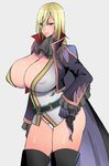  black_gloves black_legwear blonde_hair breasts cape cleavage covered_nipples genderswap genderswap_(mtf) gloves huge_breasts long_hair pink_background red_eyes richard_(tales) simple_background solo tales_of_(series) tales_of_graces thighhighs thighs usagi_nagomu zettai_ryouiki 