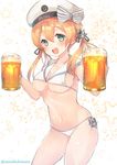  :d alcohol anchor_hair_ornament beer beer_mug bikini blonde_hair blue_eyes breasts cosplay cup hair_ornament hair_ribbon hat holding holding_cup kantai_collection large_breasts long_hair open_mouth prinz_eugen_(kantai_collection) ribbon sailor_bikini sailor_collar sailor_hat smile solo suzuho_hotaru swimsuit twintails underboob white_bikini white_hat z3_max_schultz_(kantai_collection) z3_max_schultz_(kantai_collection)_(cosplay) 