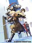  2girls alucia_(spirit_migration) armor artist_name black_hair blonde_hair brown_hair full_armor hair_ornament hairclip ikai_no_majutsushi ishibashi_yosuke kou_(spirit_migration) long_hair multiple_boys multiple_girls official_art pantyhose purple_hair short_hair spirit_migration sword tagami_yuusuke tsuzuki_sakuya weapon world_customize_creator 