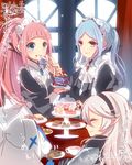  apron armor bangs blue_eyes blue_hair blunt_bangs blush cake closed_eyes curtains eating felicia_(fire_emblem_if) female_my_unit_(fire_emblem_if) fire_emblem fire_emblem_if flora_(fire_emblem_if) food hair_between_eyes hairband indoors jewelry lilith_(fire_emblem_if) long_hair maid maid_apron maid_headdress mamkute multiple_girls my_unit_(fire_emblem_if) pendant pink_hair pointy_ears ponytail rojiura-cat siblings sidelocks sisters smile twintails veil window 