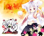  :3 animal_ears brown_eyes chibi closed_eyes cup detached_sleeves dual_persona hat hikanyan inubashiri_momiji leaf looking_at_viewer maple_leaf multiple_girls navel senbei short_hair sitting tail tokin_hat touhou translated wariza white_hair wolf_ears wolf_tail yunomi 