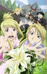  3boys alphonse_elric armor black_hair blonde_hair blue_eyes bouquet braid brown_eyes earrings edward_elric flower fullmetal_alchemist jewelry mechanical_arm multiple_boys multiple_girls necktie official_art riza_hawkeye roy_mustang tuxedo winry_rockbell 