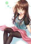  arm_behind_head black_legwear brown_hair commentary gurande_(g-size) highres long_hair messy_hair one_eye_closed open_mouth original pantyhose pink_towel simple_background sitting solo towel white_background yellow_eyes 