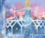  bad_id bad_pixiv_id blonde_hair braid elsa_(frozen) from_behind frozen_(disney) highres outstretched_arms single_braid solo spread_arms standing youmonii 