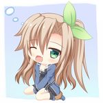  bow brown_hair chibi fang green_eyes hair_bow hair_ornament if_(choujigen_game_neptune) long_hair looking_at_viewer neptune_(series) one_eye_closed one_side_up open_mouth sitting solo tears wariza whitey yawning 