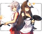  animal_ears bare_arms bare_shoulders black_hair breasts brooch brown_hair cleavage closed_mouth commentary cooking crying crying_with_eyes_open egg failure flipping_food food food_on_head fried_egg fried_rice frying_pan imaizumi_kagerou inubashiri_momiji jewelry kasuka_(kusuki) long_hair medium_breasts multiple_girls object_on_head off_shoulder pom_pom_(clothes) red_eyes red_skirt simple_background skirt smile standing tears touhou wavy_mouth white_background white_hair wok wolf_ears 