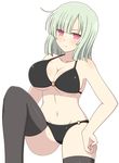  bikini black_bikini black_legwear blush breasts cleavage closed_mouth collarbone commentary_request cowboy_shot green_hair groin hand_on_hip ichiryuu_tsumiki knee_up large_breasts light_green_hair looking_at_viewer mole mole_on_thigh naraku_(senran_kagura) navel o-ring o-ring_bikini pink_eyes senran_kagura short_hair solo stomach swimsuit thighhighs underboob white_background 