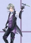  butler dagger fire_emblem fire_emblem_if gloves grey_hair haru_(nakajou-28) highres joker_(fire_emblem_if) long_hair low_ponytail male_focus purple_eyes solo weapon 