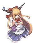  absurdres bangs belt bow brown_eyes brown_hair chain clenched_hand fps gourd hand_on_own_arm hand_up highres horn_bow horn_ribbon horns ibuki_suika long_hair looking_to_the_side looking_up open_mouth purple_skirt ribbon ribbon-trimmed_skirt ribbon_trim serious shiny shiny_hair shirt simple_background skirt sleeveless sleeveless_shirt solo torn_clothes torn_sleeves touhou upper_body very_long_hair white_background white_shirt wrist_cuffs 