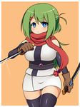  ass_visible_through_thighs black_legwear blue_eyes borrowed_character breasts dual_wielding gloves green_hair haniwagi_(hal) holding large_breasts long_hair ninja ninjatou original panties scarf simple_background solo thighhighs underwear white_panties yunomiya_agari 