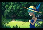  adapted_costume alternate_hair_length alternate_hairstyle anime_coloring bare_arms blue_dress blue_eyes blue_hair carrying carrying_over_shoulder cirno day dress expressionless forest hat hat_ribbon highres letterboxed looking_down meadow nature path pole profile ribbon road rope sasaj shimenawa short_hair signature solo straw_hat sundress torii touhou very_short_hair wings 
