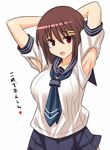  :d armpit_cutout armpits arms_behind_head arms_up black_skirt blue_neckwear breasts brown_hair commentary_request cowboy_shot hair_ornament hairclip konno_tohiro large_breasts looking_at_viewer necktie open_mouth original pleated_skirt red_eyes school_uniform serafuku shirt short_hair simple_background skirt smile solo sweat translation_request white_background white_shirt 