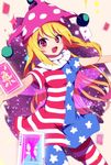  :d american_flag_dress american_flag_legwear bad_id bad_twitter_id blonde_hair blush breasts card clownpiece commentary_request cowboy_shot fairy_wings fang frilled_shirt_collar frills hat jester_cap joker long_hair looking_at_viewer open_mouth outstretched_arms pantyhose pink_eyes playing_card polka_dot print_legwear short_sleeves small_breasts smile solo spread_arms star star-shaped_pupils striped striped_legwear symbol-shaped_pupils touhou very_long_hair wings you_(noanoamoemoe) 