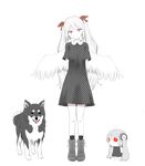  absurdres aimaina animal arms_behind_back black_dress black_legwear brown_ribbon commentary_request dog dress feathered_wings full_body hair_between_eyes hair_ribbon hatsune_miku head_tilt highres kimi_mo_warui_hito_de_yokatta_(vocaloid) long_hair looking_at_viewer pinocchio-p red_eyes ribbon short_dress short_sleeves silver_hair standing transparent_background twintails vocaloid white_wings wings 