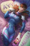 2016 animal_print artist_name bangs bed_sheet bodysuit bracer breasts brown_eyes brown_hair bunny_print cellphone covered_navel cowboy_shot d.va_(overwatch) dated emblem facepaint facial_mark gloves hand_up headphones legs_together lips logo long_hair long_sleeves lying medium_breasts norman_de_mesa on_back on_bed overwatch parted_lips pauldrons phone pillow pilot_suit pink_lips ribbed_bodysuit shoulder_pads skin_tight smartphone solo thigh_strap thighhighs turtleneck whisker_markings white_gloves yes-no_pillow 