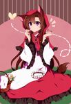  1girl :&lt; alternate_costume animal_ears bad_id bad_twitter_id basket blush brooch brown_hair bug butterfly check_commentary closed_mouth commentary_request cosplay dress fingernails flower frilled_sleeves frills grass head_wreath hood imaizumi_kagerou insect jewelry little_red_riding_hood little_red_riding_hood_(grimm) little_red_riding_hood_(grimm)_(cosplay) long_hair long_sleeves looking_at_another multicolored multicolored_clothes multicolored_dress nail_polish pink_eyes red_hood red_nails sharp_fingernails sidelocks sitting solo tail touhou wide_sleeves wolf_ears wolf_tail you_(noanoamoemoe) 