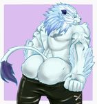  anthro arm_hair belt biceps big_biceps big_muscles black_nose blue_eyes butt claws clothing feline hair hi_res lion looking_at_viewer male mammal manly mature_male muscular muscular_male open_mouth panjyamon pants paws pose presenting rear_view relaxing simple_background solo standing vein welvet white_hair 