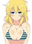  :3 bare_shoulders bikini blonde_hair blue_eyes blush breast_press breasts cleavage closed_mouth collarbone commentary_request covered_nipples green_eyes halter_top halterneck heterochromia ichiryuu_tsumiki jitome large_breasts looking_at_viewer ryouna_(senran_kagura) senran_kagura senran_kagura_shinovi_versus shiny shiny_skin solo striped striped_bikini swimsuit underboob upper_body white_background 