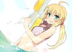  aqua_eyes artoria_pendragon_(all) blonde_hair blush dutch_angle fate/grand_order fate_(series) finger_on_trigger grin long_hair looking_at_viewer mayuge1017 navel partially_submerged ponytail saber smile solo upper_body water_gun 