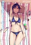  3e artist_name bags_under_eyes beach_towel beer_can bikini black_eyes black_hair breasts can earrings idolmaster jewelry kisaragi_chigusa lotion lying mature navel on_back pillow sandals_removed signature small_breasts smile solo sunscreen swimsuit towel zanshomimai 