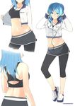  1girl alternate_costume back black_legwear blue_eyes blue_hair breasts casual cleavage cropped_jacket double_bun earbuds earphones from_behind head_out_of_frame heart heart_necklace highres hood hooded_jacket jacket kantai_collection leggings long_hair long_sleeves looking_at_viewer midriff multiple_views myuto_(advent_retribution) navel open_clothes open_jacket shoes shorts sleeves_past_wrists smile sneakers sports_bra standing twitter_username urakaze_(kantai_collection) white_background 