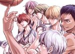  6+boys akashi_seijuurou aomine_daiki basketball basketball_uniform blonde_hair blue_eyes blue_hair dark_skin dark_skinned_male glasses green_hair kise_ryouta kuroko_no_basuke kuroko_tetsuya midorima_shintarou multiple_boys murasakibara_atsushi purple_eyes purple_hair red_eyes red_hair sportswear yellow_eyes 