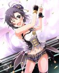  antenna_hair bad_id bad_pixiv_id black_eyes black_hair blush dutch_angle fingerless_gloves gloves hat highres idolmaster idolmaster_(classic) kikuchi_makoto navel one_eye_closed open_mouth restaint short_hair smile solo zoom_layer 