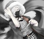  belt caligula_(game) cardigan face_mask hair_over_one_eye haruno14 hood hooded_jacket jacket knife male_focus mask pale_skin solo white_hair yamada_daiki 