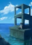  2015 bangs black_hair black_legwear blue_skirt blue_sky blurry brown_footwear closed_mouth cloud cloudy_sky dated day depth_of_field expressionless fubuki_(kantai_collection) green_eyes highres horizon kantai_collection kneehighs knees_up leg_hug legs_together low_ponytail ocean outdoors pleated_skirt school_uniform serafuku shadow shoes short_ponytail short_sleeves sitting skirt sky solo tabiaki_(cosy_catastrophe) water 
