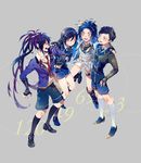  armor atsushi_toushirou black_hair black_legwear blue_hair cape feathers fudou_yukimitsu grey_eyes hair_feathers japanese_armor kneehighs kote male_focus military military_uniform moyashi_nabe multiple_boys necktie open_mouth ponytail purple_eyes purple_hair shorts smile taikogane_sadamune touken_ranbu uniform white_legwear yagen_toushirou yellow_eyes 