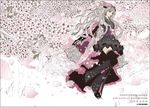  1girl artist_name belt blunt_bangs cherry_blossoms detached_sleeves eri_kamijo floral_print flower frills full_body hair_ribbon japanese_clothes long_hair obi original pink pink_eyes ribbon skirt solo thighhighs traditional_clothes very_long_hair wa_lolita wavy_hair white_hair 