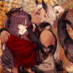  1boy 1girl animal_ears bare_shoulders black_nails blonde_hair blush brown_hair cat_ears closed_mouth dark_skin detached_sleeves fangs from_side fur hair_ornament japanese_clothes jewelry kayo_(ken_ga_kimi) kei_(ken_ga_kimi) ken_ga_kimi kimono kiskil-llira long_hair looking_at_viewer nail_polish obi one_eye_closed open_mouth single_earring tail traditional_clothes upper_body yellow_eyes 