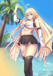  absurdres ahoge bare_shoulders beach belt bikini_top blonde_hair blue_eyes breasts covered_nipples drill_hair elbow_gloves eyebrows eyebrows_visible_through_hair front-tie_bikini front-tie_top gloves hair_between_eyes highres large_breasts long_hair looking_at_viewer miniskirt navel outdoors palm_tree panties pantyshot pantyshot_(standing) pleated_skirt skirt solo standing stomach striped striped_panties thighhighs tree underwear very_long_hair water wichita_(zhan_jian_shao_nyu) yin_lan_xue zhan_jian_shao_nyu 