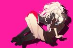 2girls all_fours artist_request ass black_hair blue_eyes blush boots breasts brown_eyes danganronpa danganronpa_1 enoshima_junko from_behind hair_ornament hanging_breasts ikusaba_mukuro long_hair looking_at_viewer miniskirt multiple_girls pink_background pink_hair school_uniform shiny shiny_hair shiny_skin short_hair simple_background skirt smile spoilers twins twintails 