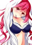  akine_(kuroyuri) arms_up black_bra bra breasts cleavage hands_in_hair highres large_breasts long_hair looking_at_viewer rasis red_eyes red_hair shirt simple_background solo sound_voltex topless underwear upper_body white_background white_shirt 