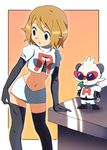  arm_support black_legwear blue_eyes brown_hair clothed_pokemon cosplay crop_top elbow_gloves frame gen_6_pokemon gloves midriff miniskirt musashi_(pokemon) musashi_(pokemon)_(cosplay) natsunagi_takaki navel no_eyewear pancham pokemon pokemon_(anime) pokemon_(creature) pokemon_xy_(anime) serena_(pokemon) short_hair skirt sunglasses team_rocket thighhighs zettai_ryouiki 