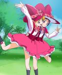  \m/ arm_up asahina_mirai blonde_hair capelet haruyama_kazunori hat izayoi_liko leg_up long_hair magic_school_uniform mahou_girls_precure! multiple_girls open_mouth pink_skirt precure purple_eyes purple_hair short_hair skirt socks standing standing_on_one_leg witch_hat 