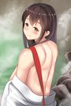  akagi_(kantai_collection) back blush brown_eyes brown_hair clothes_down commentary_request from_behind hakama japanese_clothes kantai_collection long_hair looking_at_viewer looking_back onsen outdoors smile solo steam straight_hair undressing untsue upper_body 