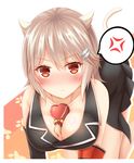  absurdres all_fours anger_vein animal_ears bare_shoulders between_breasts bismarck_(zhan_jian_shao_nyu) blush box breasts cat_ears cat_tail cleavage fang fang_out fish_hair_ornament gift_between_breasts gloves grey_hair hair_ornament hairclip heart-shaped_box highres looking_at_viewer medium_breasts mismatched_gloves paw_print red_eyes short_hair solo speech_bubble spoken_anger_vein tail uniform valentine zhan_jian_shao_nyu zhou_yu_(ppaaqz1995) 