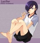  1boy barefoot character_name eating food full_body hair_over_one_eye hataraku_maou-sama! knees_up male_focus pocky purple_background purple_eyes purple_hair shorts simple_background sitting slit_pupils solo t-shirt teikyou urushihara_hanzou 