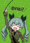  anchovy anzio_military_uniform arm_up armband bandolier bangs closed_eyes commentary_request crying drill_hair epaulettes girls_und_panzer green_background green_hair hair_ribbon italian jacket long_hair military military_uniform necktie open_mouth otoufu ribbon riding_crop shirt sketch smile solo streaming_tears tears translated twin_drills uniform 