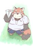  2016 ailurid anthro belly blush clothing humanoid_hands kota&acute; male mammal one_eye_closed overweight overweight_male pants red_panda shirt solo wink 